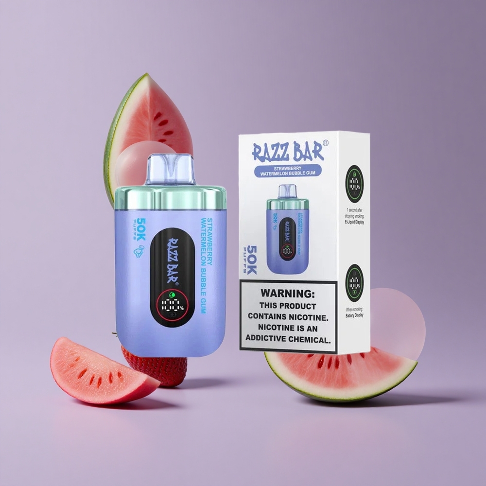 Razz Bar 50K Puffs Eldobható E-cigaretta – 50000 Füst, Eper Görögdinnye Buborékrágó Razz Bar 50K Puffs Eldobható E-cigaretta – 50000 Füst, Eper Görögdinnye Buborékrágó
