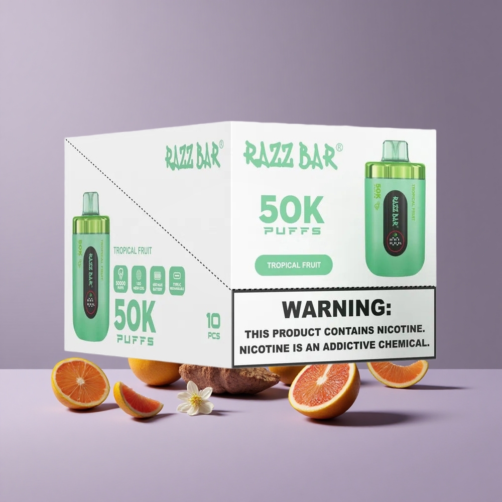 Razz Bar 50K Puffs Eldobható Vape Trópusi Gyümölcs – 50000 Puffs és 1,0 Ohm Mesh Coil